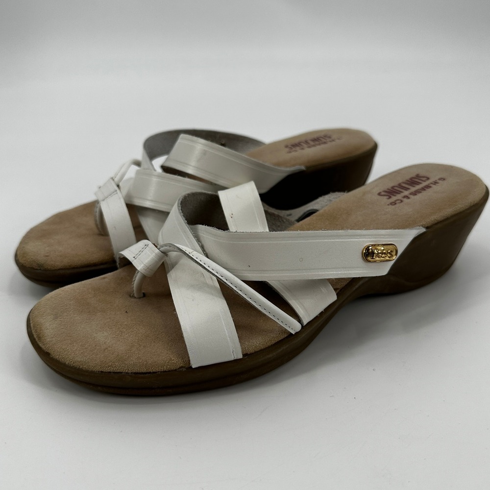 GH Bass Sunjuns Brianne White Leather Strappy Wedge Sandals Womens 8M Toe Loop